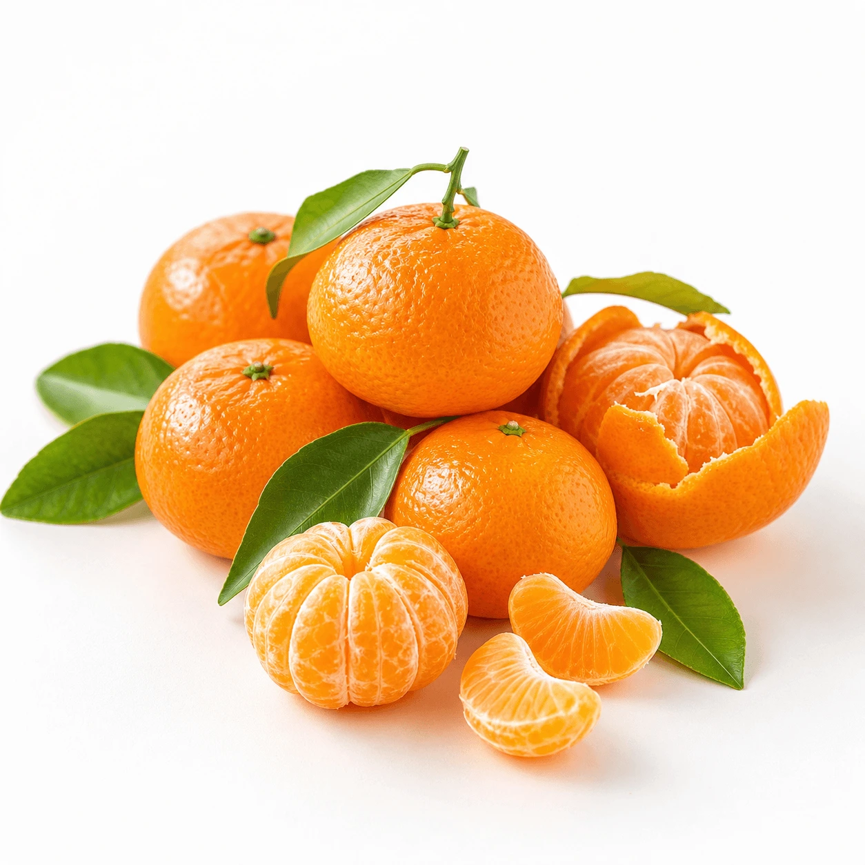 Egyptian Murcott mandarins with peeled segments and citrus leaves
