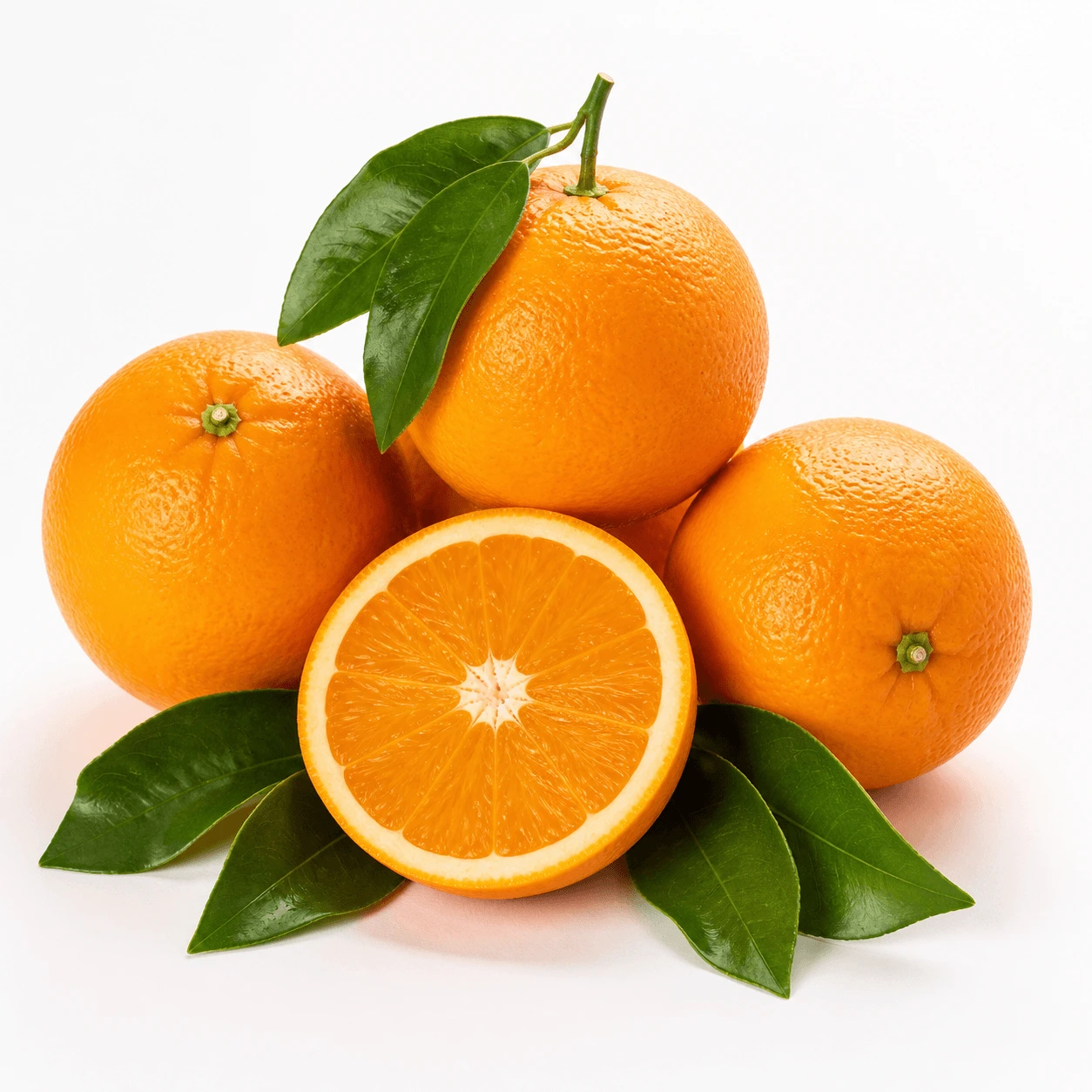Egyptian Navel oranges with sliced half and green citrus leaves