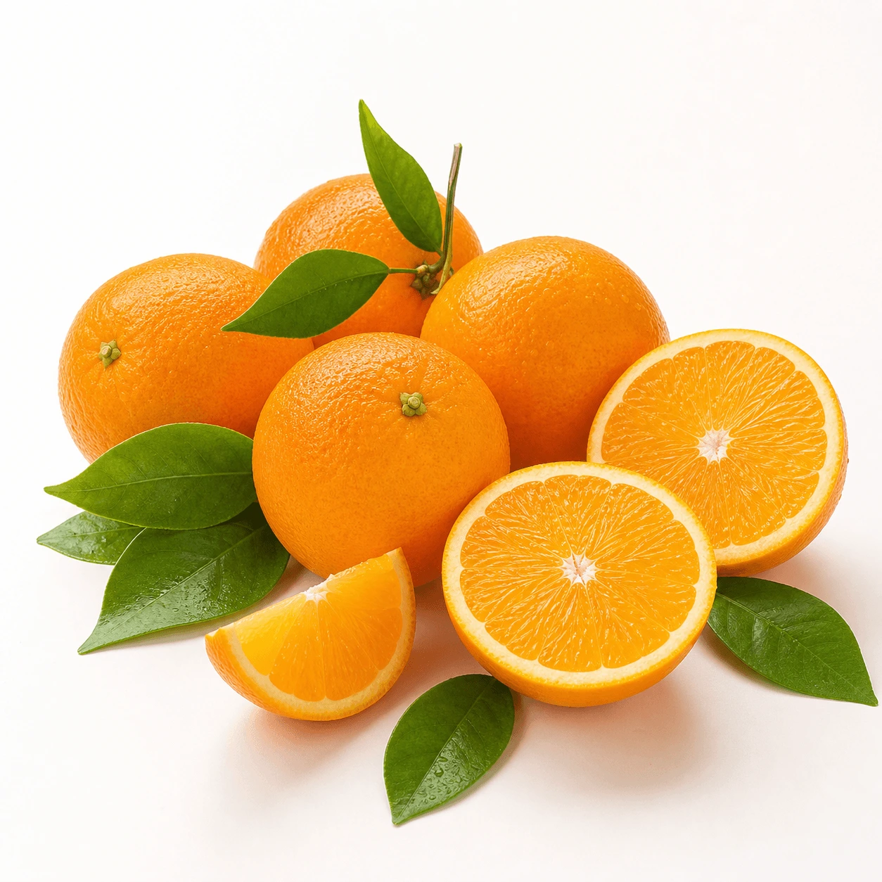 Egyptian Valencia oranges with cut halves and green citrus leaves